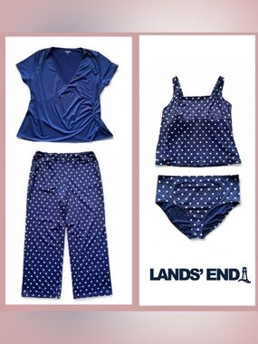 Lands End 4 Pc Swim Set Women's Sz L/XL -16/18 DDD Shirt Pants Tankini Navy Dot